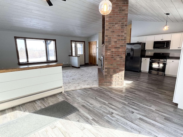 unfurnished living room with a baseboard radiator, lofted ceiling, hardwood / wood-style floors, and wood ceiling