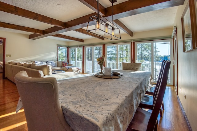 dining space with hardwood / wood-style flooring, a healthy amount of sunlight, beam ceiling, and a textured ceiling