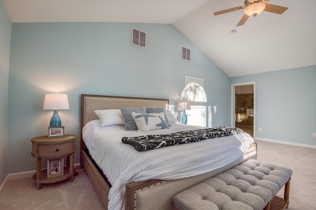 carpeted bedroom with ceiling fan, connected bathroom, and high vaulted ceiling