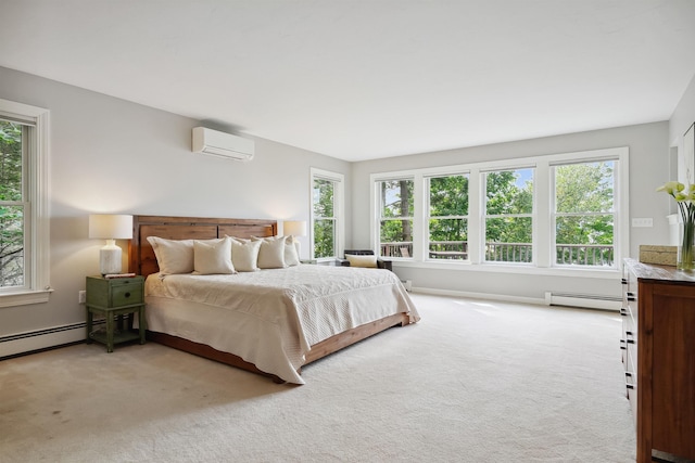 bedroom featuring carpet flooring, a wall unit AC, and a baseboard heating unit