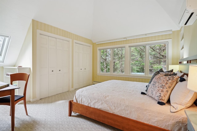 carpeted bedroom with multiple closets, an AC wall unit, high vaulted ceiling, and baseboard heating