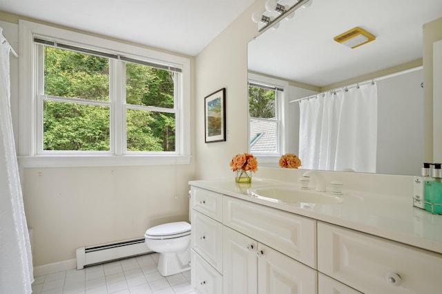 bathroom featuring toilet, a shower with curtain, vanity, tile patterned flooring, and a baseboard heating unit