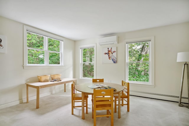 carpeted dining room featuring a wall mounted air conditioner, a baseboard radiator, and a healthy amount of sunlight