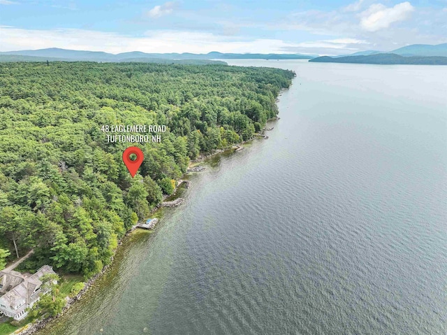 drone / aerial view featuring a water and mountain view