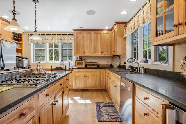 kitchen featuring pendant lighting, sink, light hardwood / wood-style flooring, and stainless steel appliances