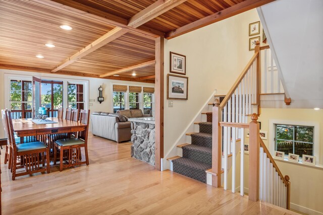 dining area featuring beam ceiling, wood ceiling, and light wood-type flooring