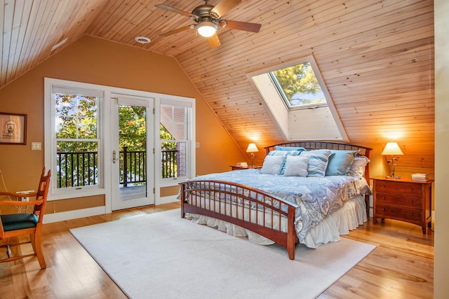 bedroom featuring wooden ceiling, lofted ceiling with skylight, light hardwood / wood-style flooring, and access to outside