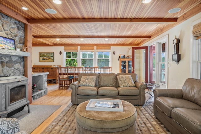 living room featuring wood ceiling, beam ceiling, and light wood-type flooring