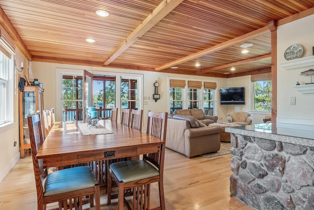 dining room featuring beamed ceiling, wood ceiling, and light hardwood / wood-style flooring