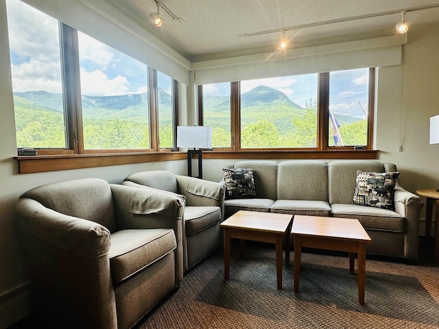 sunroom featuring a mountain view