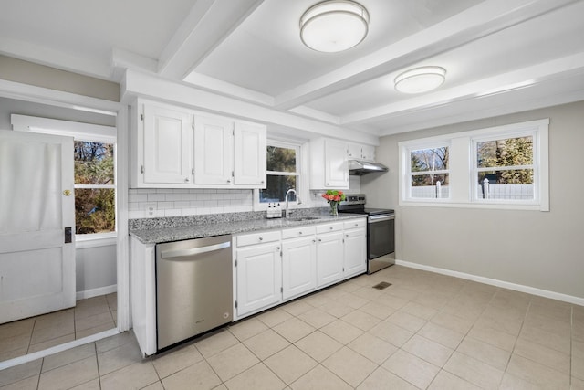 kitchen featuring sink, white cabinets, stainless steel appliances, beam ceiling, and backsplash