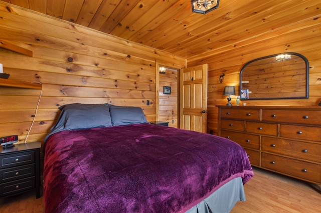 bedroom featuring light hardwood / wood-style floors, wooden ceiling, and wood walls