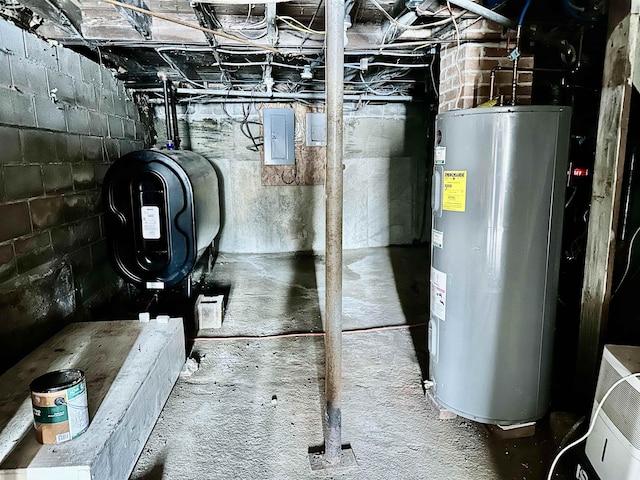 utility room with electric panel and water heater