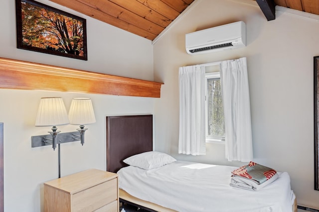 bedroom with wood ceiling, a baseboard radiator, lofted ceiling, and an AC wall unit