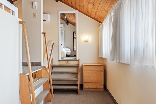 interior space featuring wood ceiling, carpet floors, vaulted ceiling, and a wall unit AC