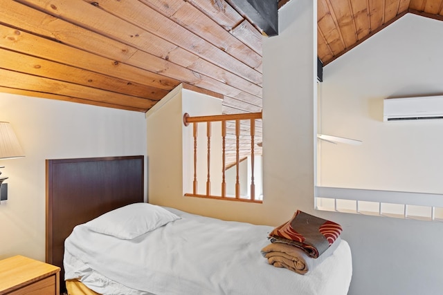 bedroom featuring lofted ceiling, wood ceiling, and a wall mounted AC