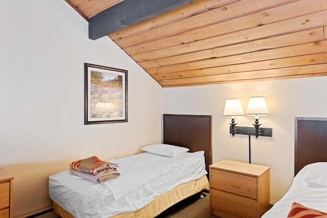 bedroom with vaulted ceiling with beams, wood ceiling, and baseboard heating