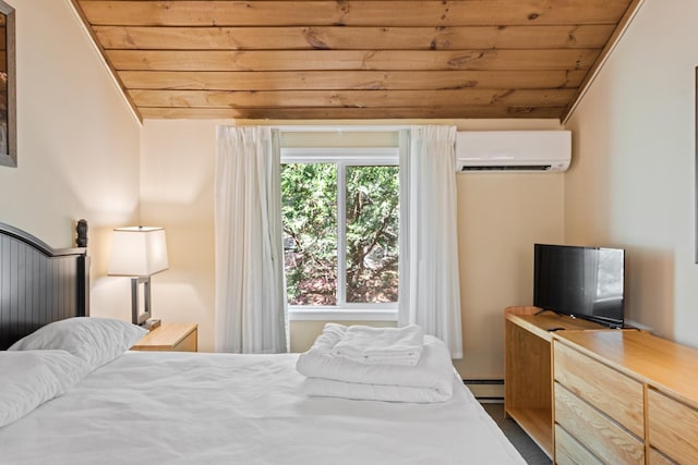 bedroom featuring wooden ceiling, a wall unit AC, and a baseboard heating unit