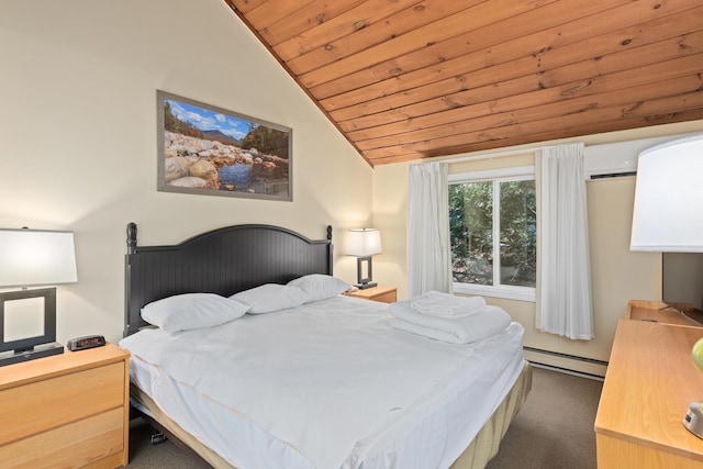 bedroom with vaulted ceiling, dark carpet, wooden ceiling, and baseboard heating