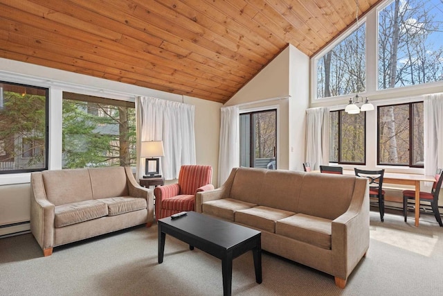 sunroom / solarium featuring lofted ceiling, wooden ceiling, and a healthy amount of sunlight