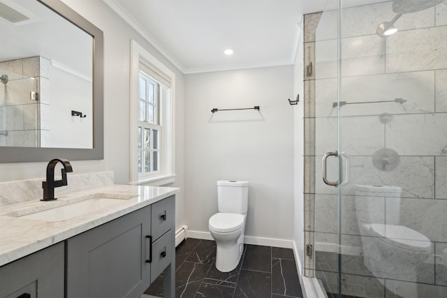 bathroom with crown molding, a shower with shower door, vanity, and toilet