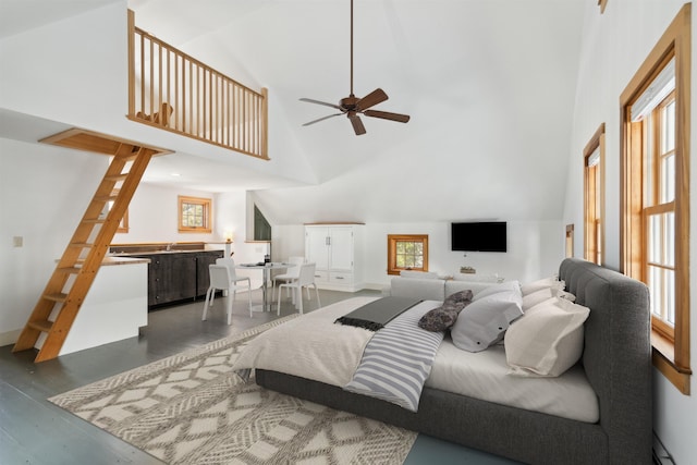 bedroom featuring multiple windows, high vaulted ceiling, and baseboard heating