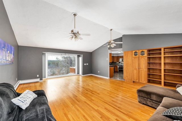 living room with lofted ceiling, baseboard heating, ceiling fan, and light wood-type flooring