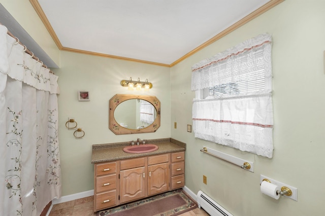 bathroom featuring shower / bath combination with curtain, ornamental molding, and vanity