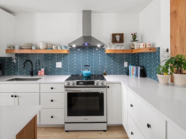 kitchen with stainless steel electric stove, sink, island range hood, and backsplash