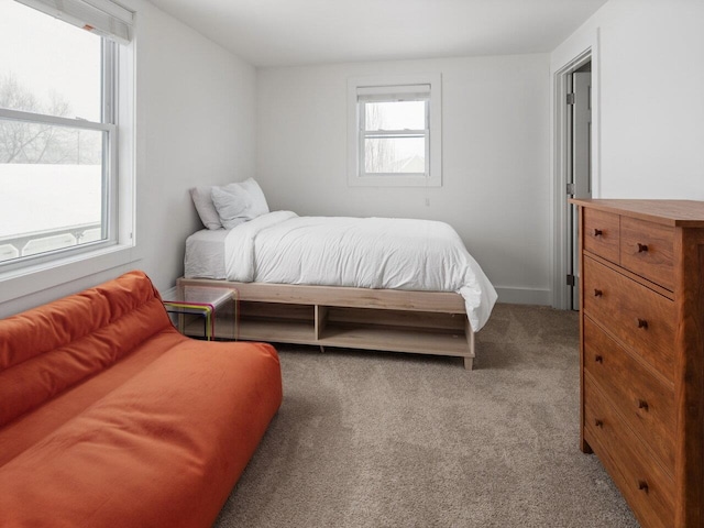 bedroom with light carpet