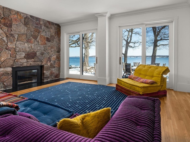 living room featuring a fireplace, ornamental molding, and a water view