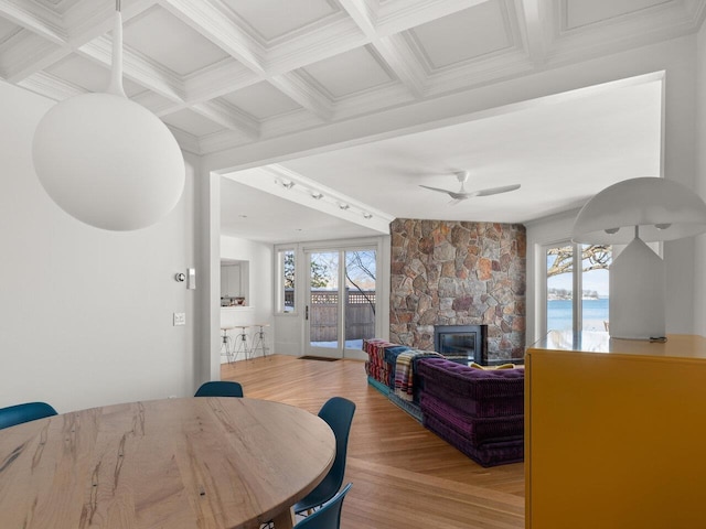 dining room featuring a fireplace, plenty of natural light, ornamental molding, and light wood-type flooring