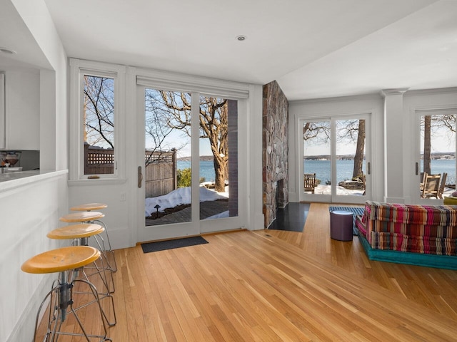 entryway with hardwood / wood-style flooring, a water view, and a healthy amount of sunlight