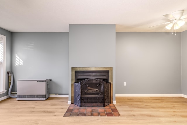 interior details featuring ceiling fan and hardwood / wood-style floors