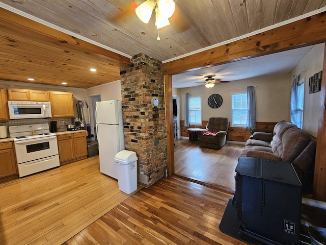 kitchen with backsplash, white appliances, light hardwood / wood-style flooring, and wooden ceiling