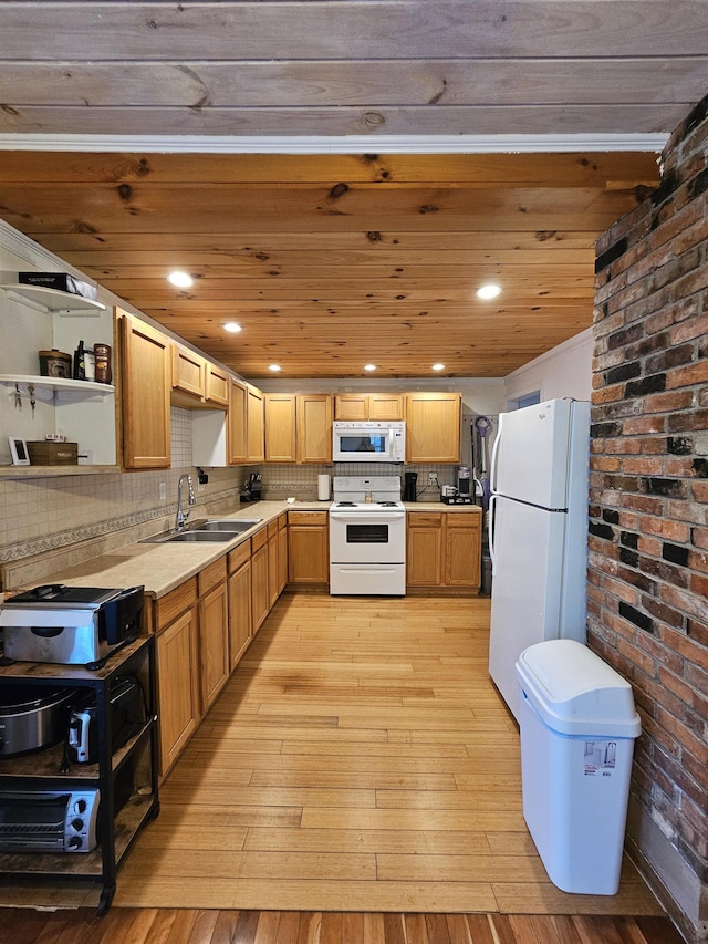 kitchen featuring sink, backsplash, wood ceiling, white appliances, and light hardwood / wood-style flooring