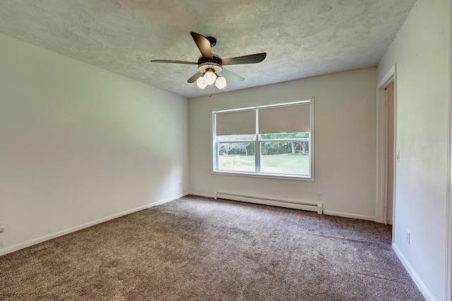 carpeted spare room featuring ceiling fan, a textured ceiling, and baseboard heating