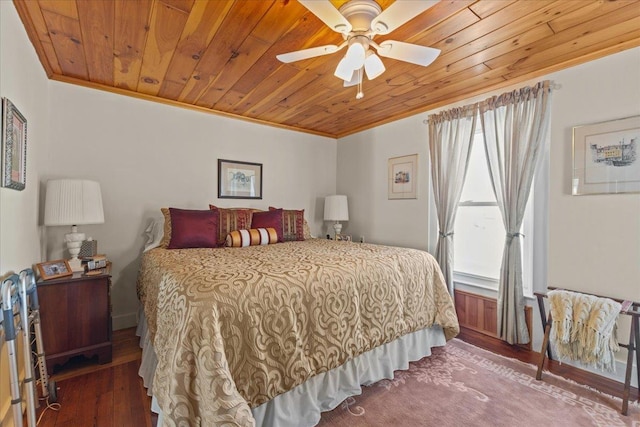 bedroom featuring ornamental molding, hardwood / wood-style floors, wooden ceiling, and ceiling fan