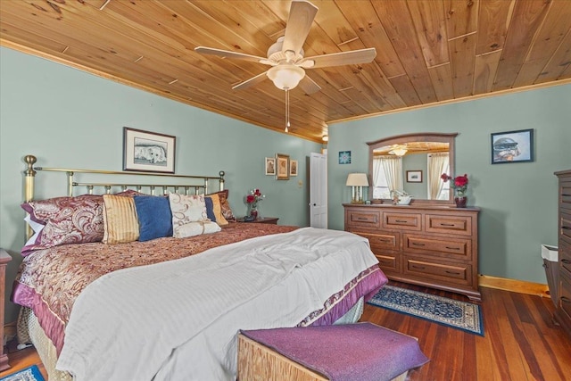 bedroom featuring ornamental molding, dark hardwood / wood-style floors, and wooden ceiling