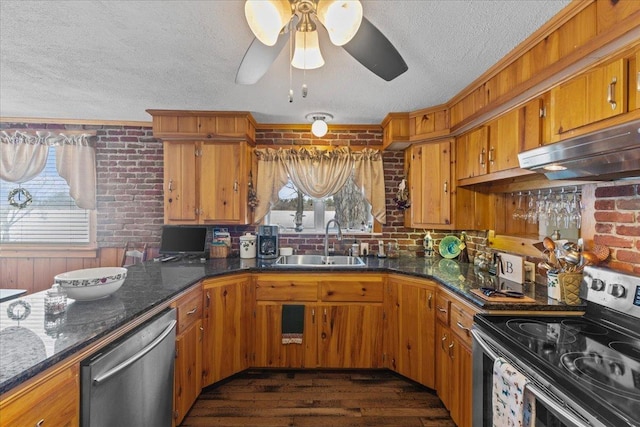 kitchen with a healthy amount of sunlight, appliances with stainless steel finishes, dark hardwood / wood-style floors, and sink