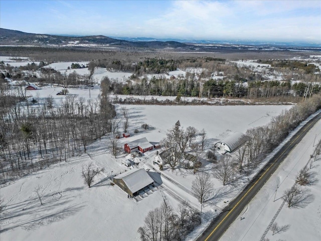 snowy aerial view featuring a mountain view