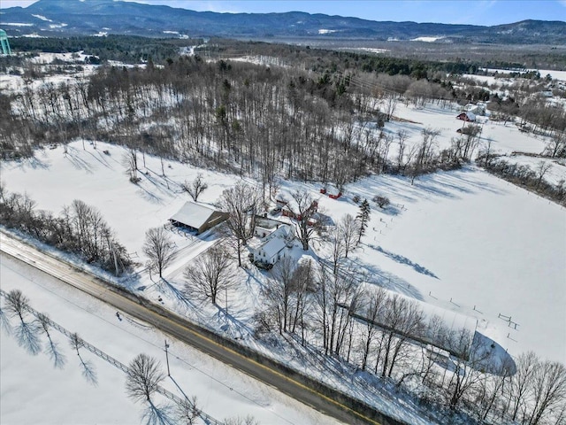 snowy aerial view with a mountain view