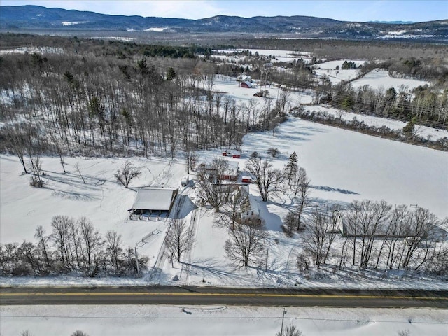 snowy aerial view featuring a mountain view