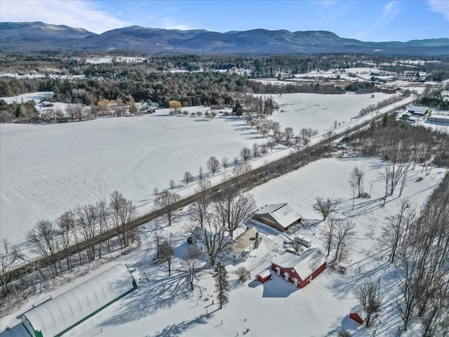 snowy aerial view featuring a mountain view