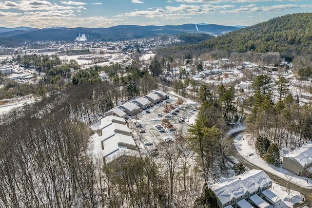 snowy aerial view featuring a mountain view