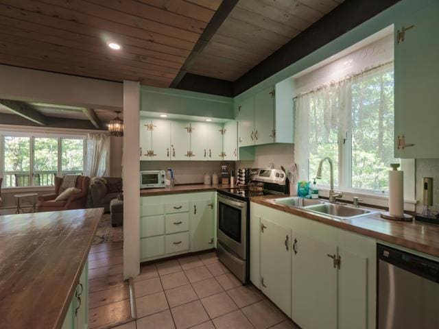 kitchen with sink, white cabinetry, wooden ceiling, light tile patterned floors, and appliances with stainless steel finishes