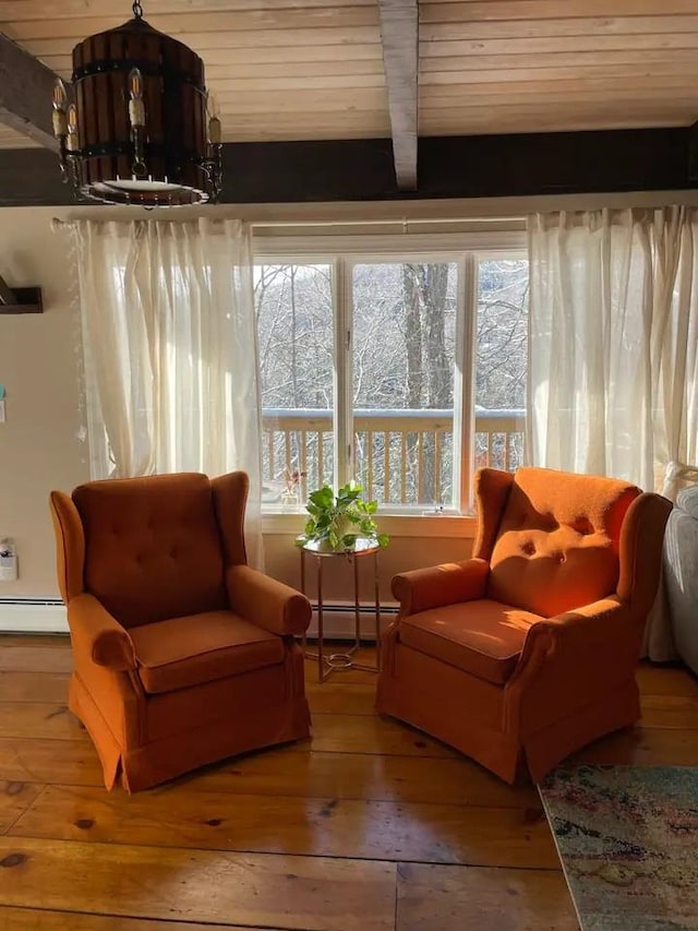 living area featuring beam ceiling, wood-type flooring, wooden ceiling, and baseboard heating