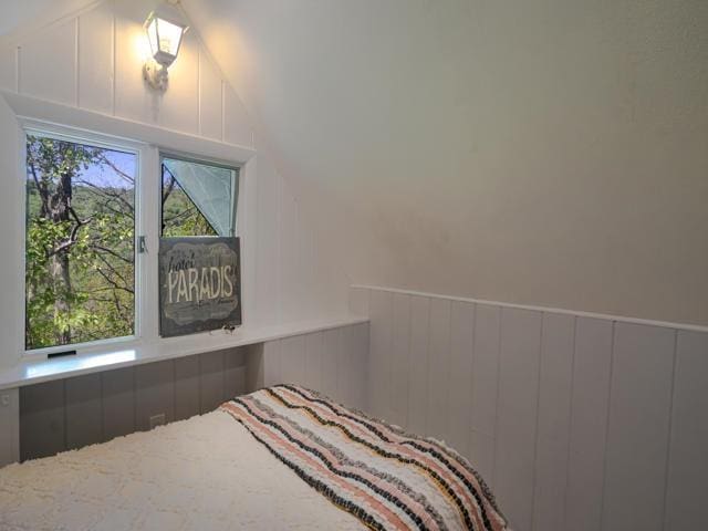 bedroom featuring lofted ceiling