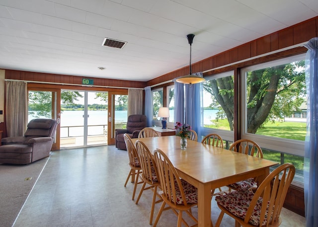 dining room featuring a water view, plenty of natural light, and wood walls