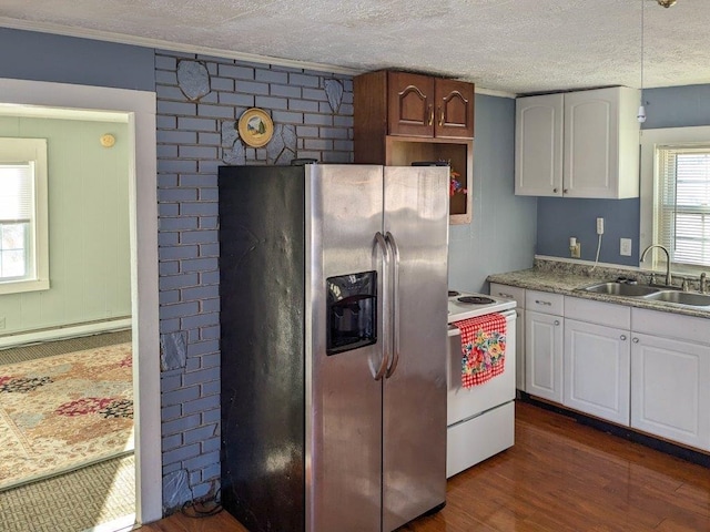 kitchen featuring white cabinetry, stainless steel refrigerator with ice dispenser, sink, and white range with electric stovetop